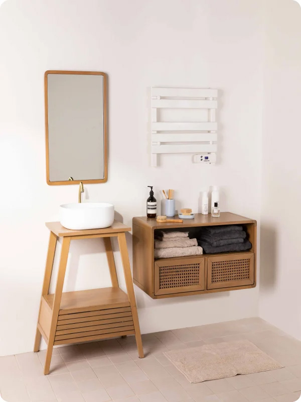 ERP compliant electric towel warmer with smart open window detection sensor.