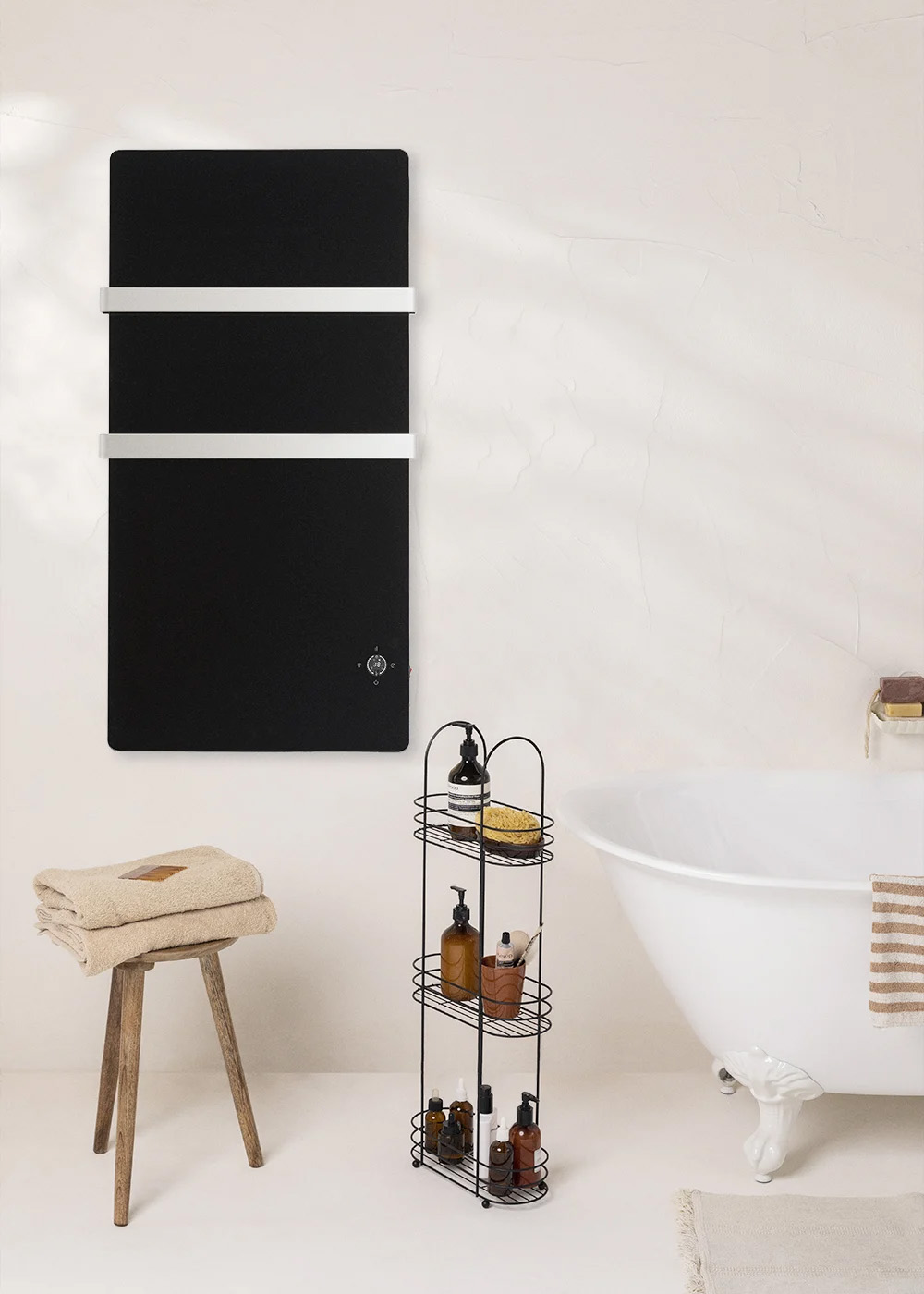 Modern bathroom glass towel warmer featuring a double tempered glass panel and sleek wall-mount design.