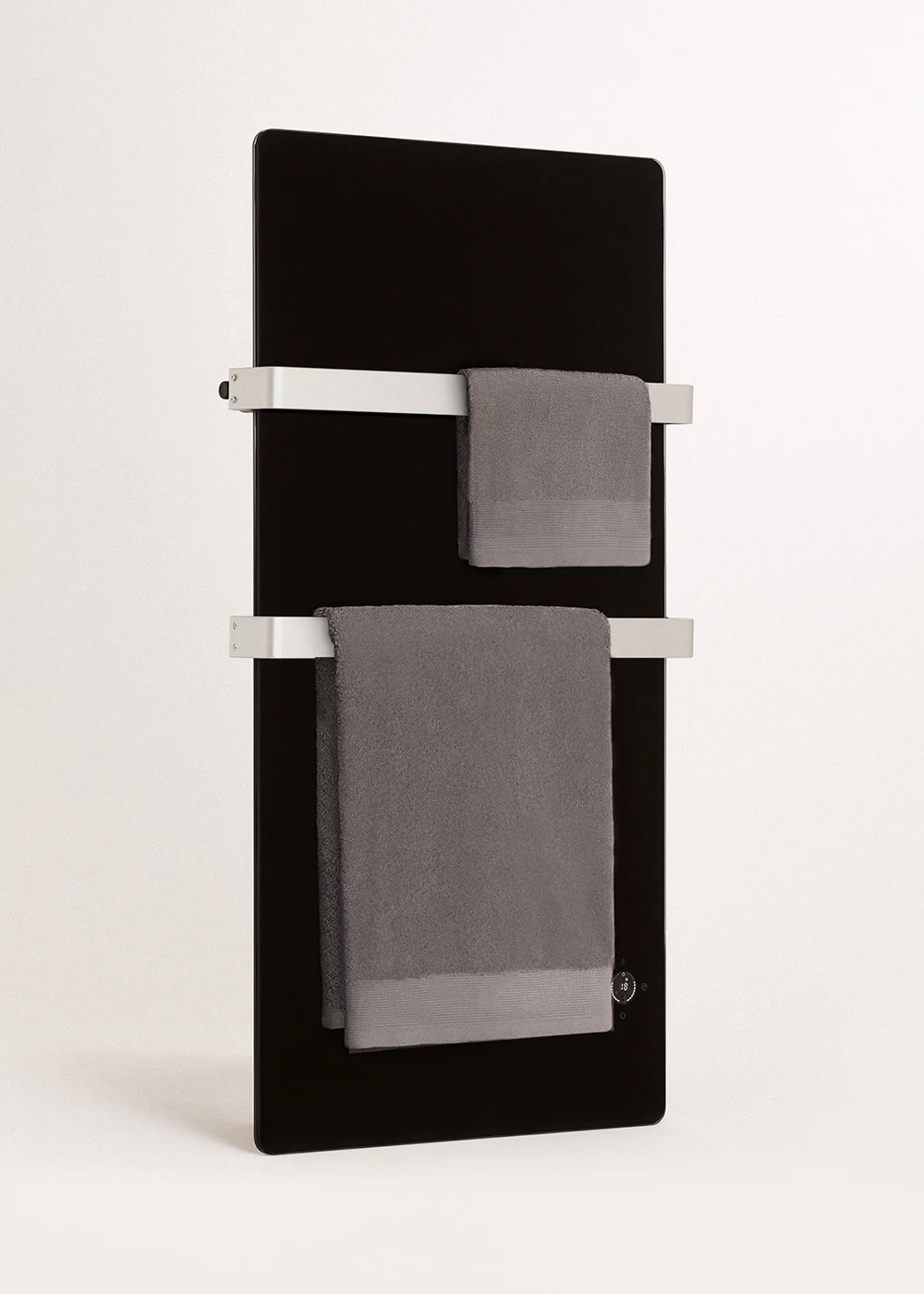 IP34 wall-mounted towel heater with 600W power, child lock, and high safety glass construction.