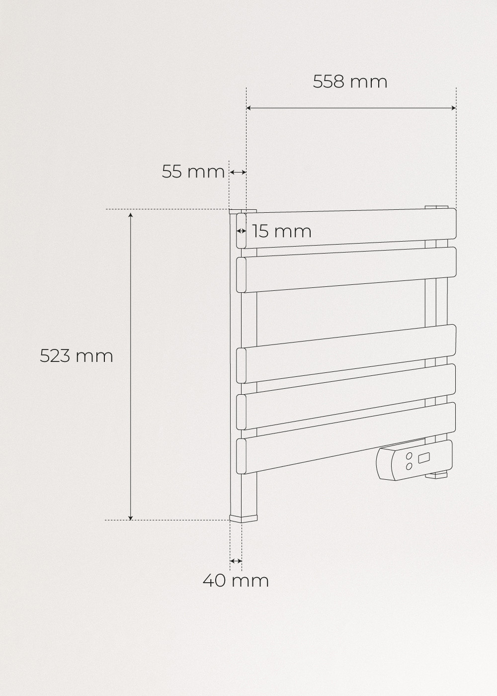 IP24 safety-rated electric towel warmer with integrated digital LED timer control.